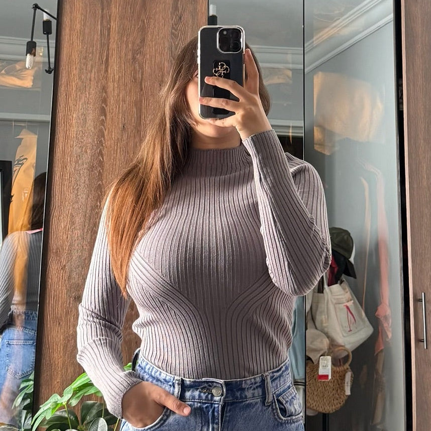 High neck ribbed top